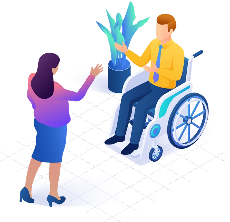 植物を挟んで、車いすの社員に挨拶する社員のイラスト
