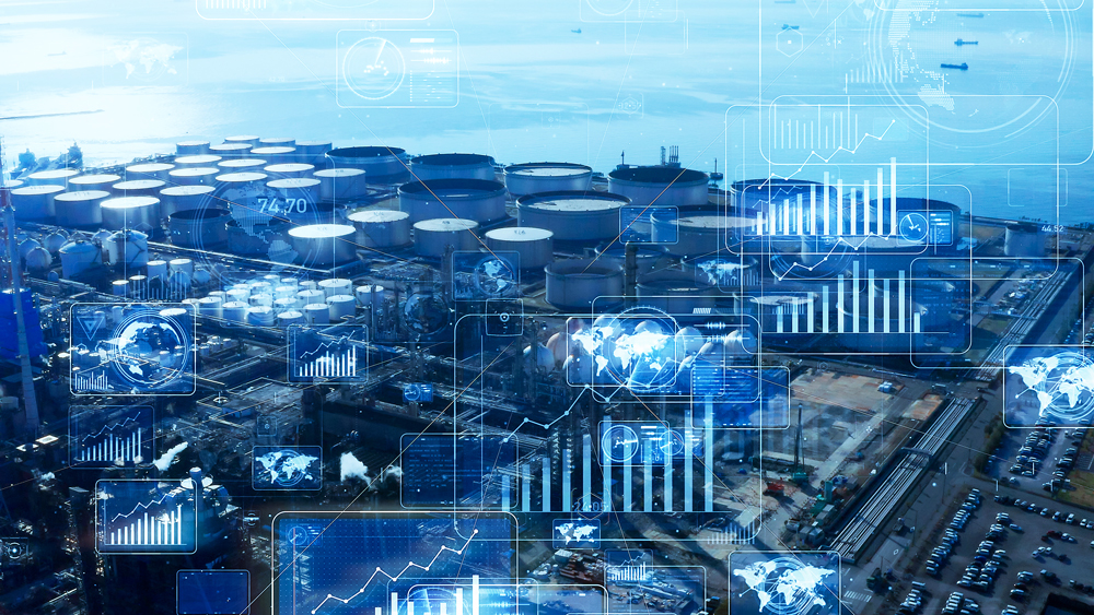 デジタル情報が重ねられた、通信ネットワークで自動化されたプラントの俯瞰図