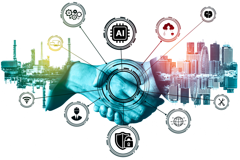 工場と都市を背景に、AI・クラウドなどの技術アイコンと握手が示すデジタル連携の概念図